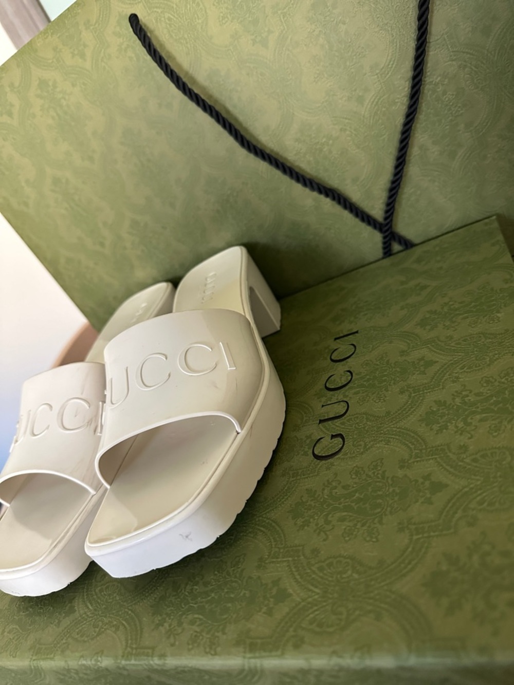 Gucci White Embossed Logo Slide Mules - Picture 3 of 10